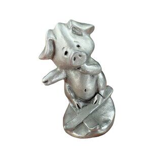 1980 HUDSON Pewter Pig Skier Figurine USA Heavy Figure Hasper Metal Miniature